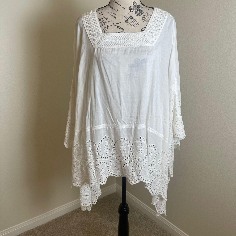 White Cotton Eyelet Lace Square Neck Tunic‎ Top Boho Festival Resort Cover up